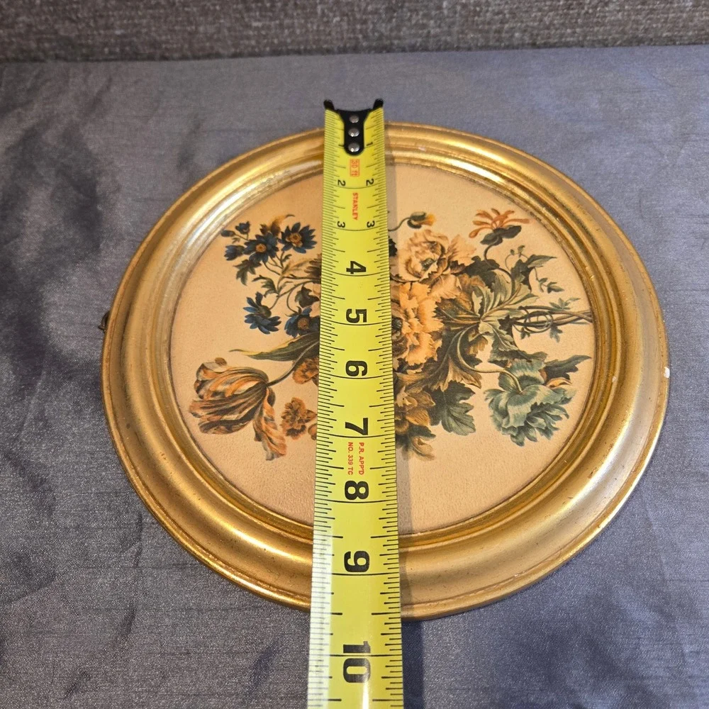 Vintage Borghese Floral Bouquet Round Gold Gilt Framed Wall Art Plaque 9.5‎ inch